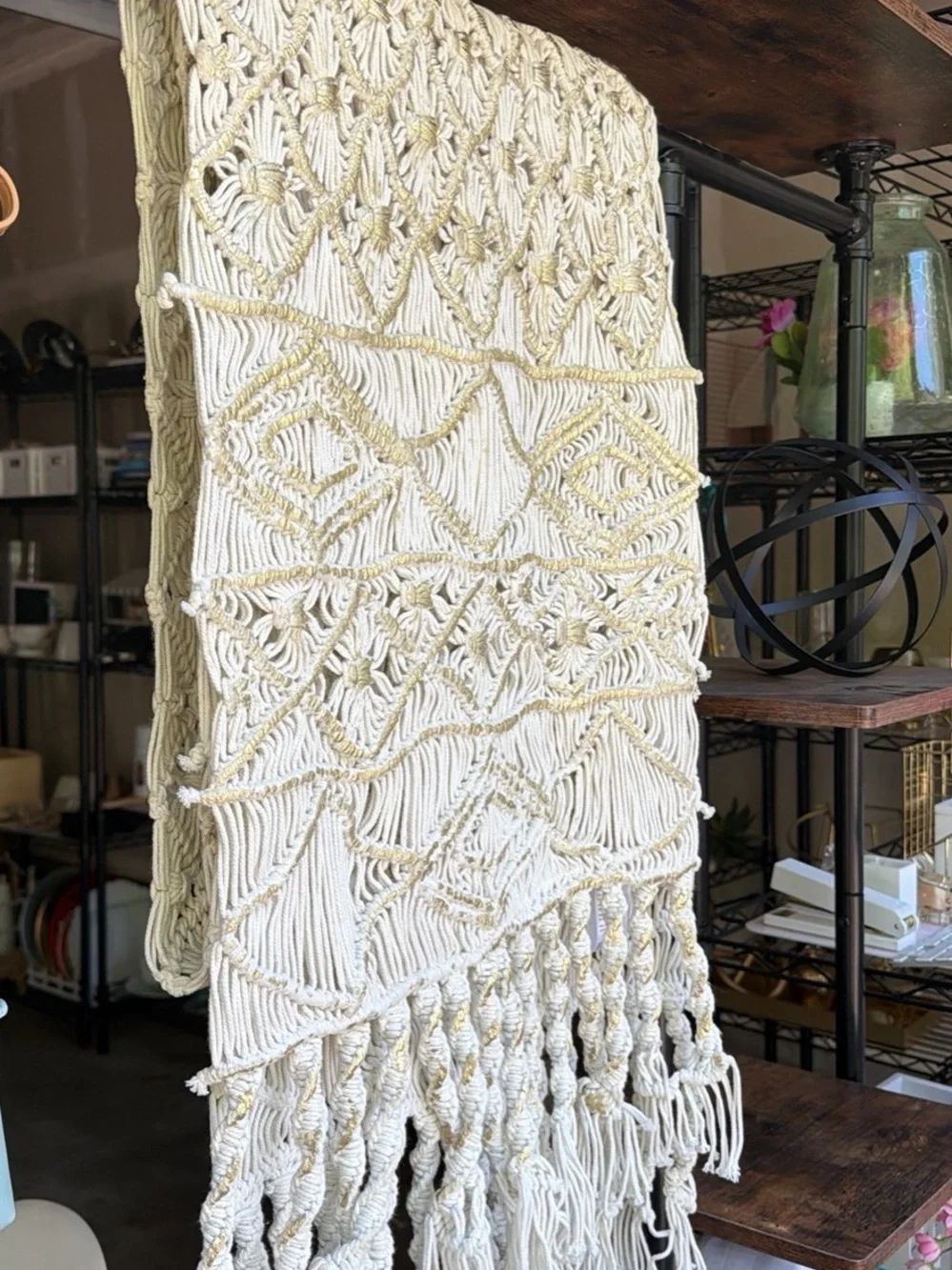 Anthropologie Cream Macramé Table Runner with Gold Accents